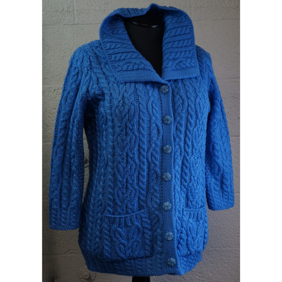 Aran Craft Blue Wool Button Front Cardigan Sweater w/ Pockets New Size L - Picture 8 of 11